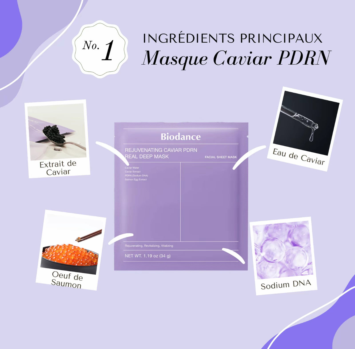 Biodance - lot de 4 masques Caviar PDRN REJUVENATING - Real Deep MASK - pour une peau rajeunie et hydratée