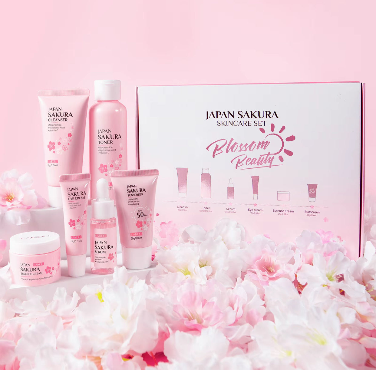 Coffret de soins complet Laikou Japan Sakura - Skincare set - 6 pièces- Nettoyant, Tonique, Serum, contour des yeux, crème essence - atténue les tâches brunes - jolie boîte cadeau incluse