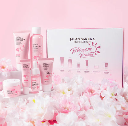 Coffret de soins complet Laikou Japan Sakura - Skincare set - 6 pièces- Nettoyant, Tonique, Serum, contour des yeux, crème essence - atténue les tâches brunes - jolie boîte cadeau incluse
