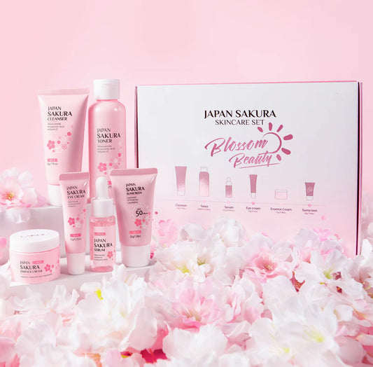Coffret de soins complet Laikou Japan Sakura - Skincare set - 6 pièces- Nettoyant, Tonique, Serum, contour des yeux, crème essence - atténue les tâches brunes - jolie boîte cadeau incluse