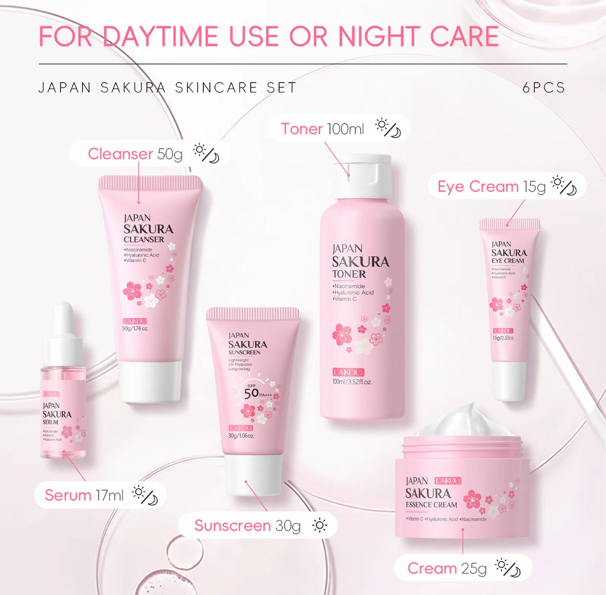 Coffret de soins complet Laikou Japan Sakura - Skincare set - 6 pièces- Nettoyant, Tonique, Serum, contour des yeux, crème essence - atténue les tâches brunes - jolie boîte cadeau incluse