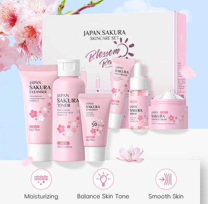 Coffret de soins complet Laikou Japan Sakura - Skincare set - 6 pièces- Nettoyant, Tonique, Serum, contour des yeux, crème essence - atténue les tâches brunes - jolie boîte cadeau incluse