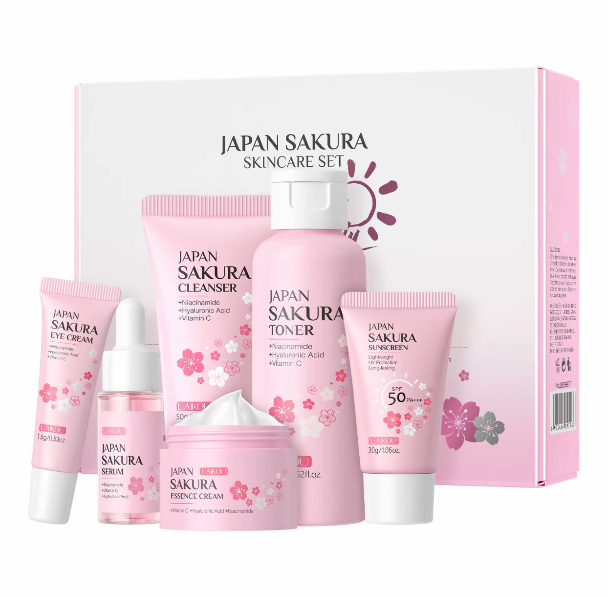 Coffret de soins complet Laikou Japan Sakura - Skincare set - 6 pièces- Nettoyant, Tonique, Serum, contour des yeux, crème essence - atténue les tâches brunes - jolie boîte cadeau incluse