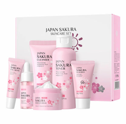 Coffret de soins complet Laikou Japan Sakura - Skincare set - 6 pièces- Nettoyant, Tonique, Serum, contour des yeux, crème essence - atténue les tâches brunes - jolie boîte cadeau incluse