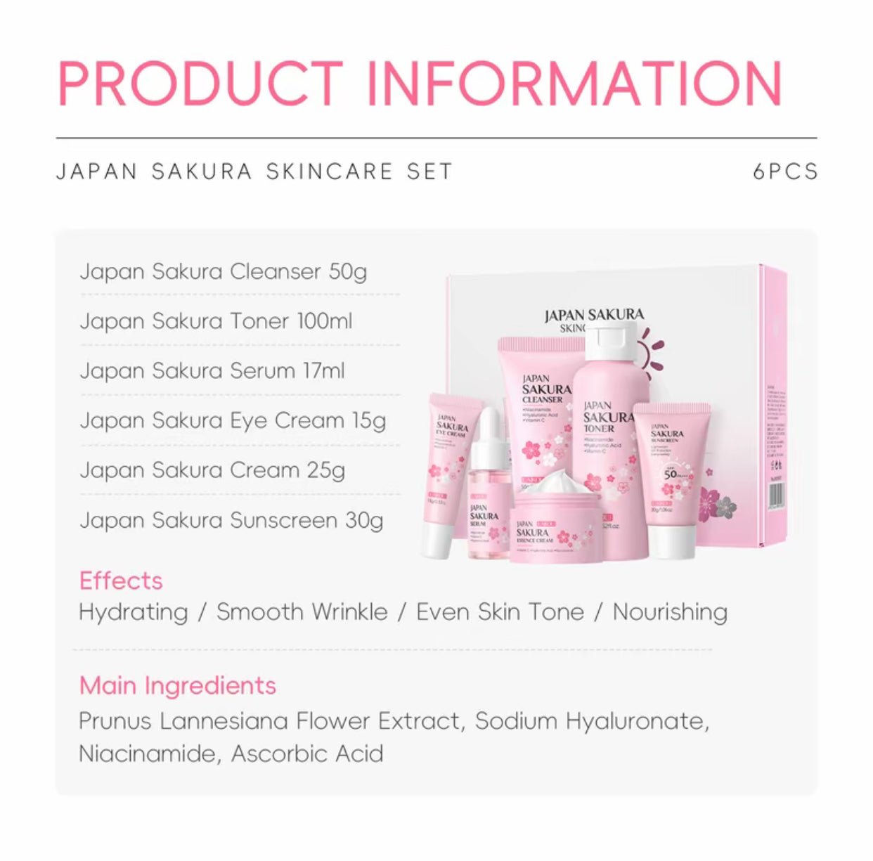 Coffret de soins complet Laikou Japan Sakura - Skincare set - 6 pièces- Nettoyant, Tonique, Serum, contour des yeux, crème essence - atténue les tâches brunes - jolie boîte cadeau incluse