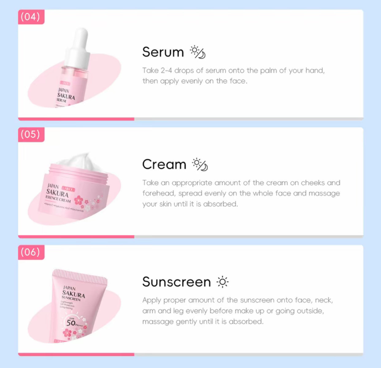 Coffret de soins complet Laikou Japan Sakura - Skincare set - 6 pièces- Nettoyant, Tonique, Serum, contour des yeux, crème essence - atténue les tâches brunes - jolie boîte cadeau incluse
