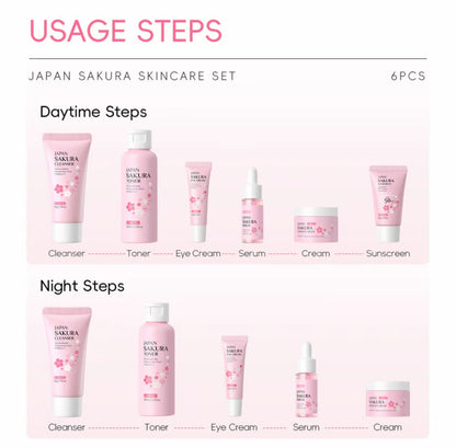 Coffret de soins complet Laikou Japan Sakura - Skincare set - 6 pièces- Nettoyant, Tonique, Serum, contour des yeux, crème essence - atténue les tâches brunes - jolie boîte cadeau incluse