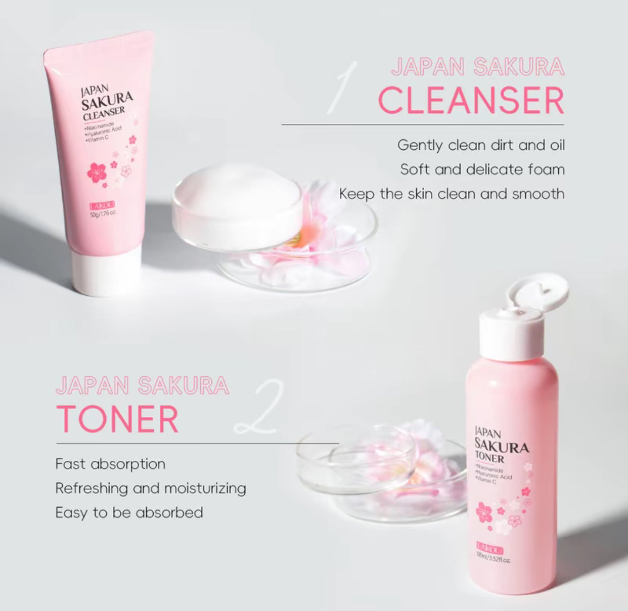 Coffret de soins complet Laikou Japan Sakura - Skincare set - 6 pièces- Nettoyant, Tonique, Serum, contour des yeux, crème essence - atténue les tâches brunes - jolie boîte cadeau incluse