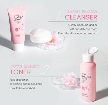 Coffret de soins complet Laikou Japan Sakura - Skincare set - 6 pièces- Nettoyant, Tonique, Serum, contour des yeux, crème essence - atténue les tâches brunes - jolie boîte cadeau incluse