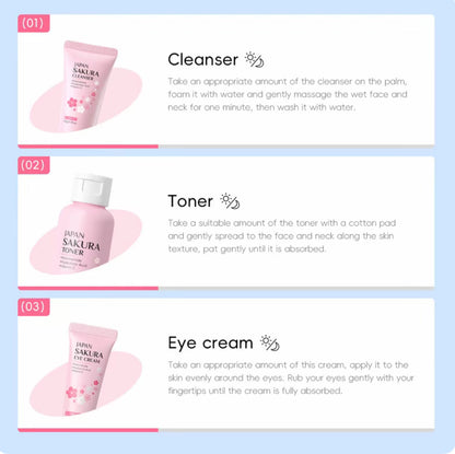 Coffret de soins complet Laikou Japan Sakura - Skincare set - 6 pièces- Nettoyant, Tonique, Serum, contour des yeux, crème essence - atténue les tâches brunes - jolie boîte cadeau incluse