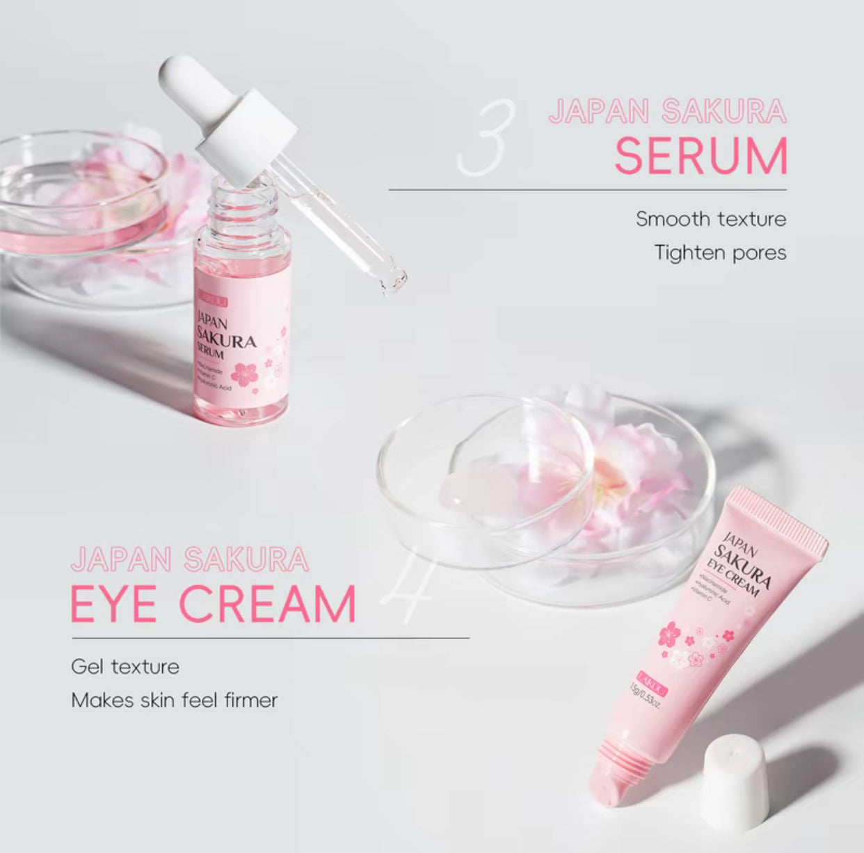 Coffret de soins complet Laikou Japan Sakura - Skincare set - 6 pièces- Nettoyant, Tonique, Serum, contour des yeux, crème essence - atténue les tâches brunes - jolie boîte cadeau incluse