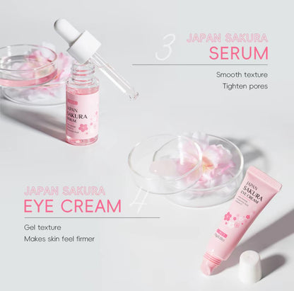 Coffret de soins complet Laikou Japan Sakura - Skincare set - 6 pièces- Nettoyant, Tonique, Serum, contour des yeux, crème essence - atténue les tâches brunes - jolie boîte cadeau incluse